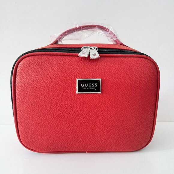 NEW GUESS Red Pebbled Faux Leather Travel Case & Makeup Bag Set - Picture 3 of 16